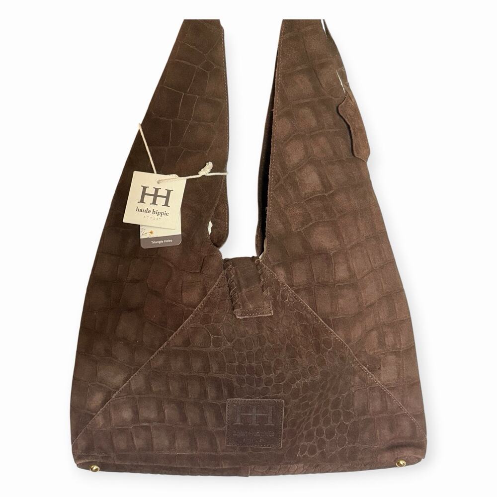 Haute Hippie Triangle Hobo Bag Brown Croc-Embossed Suede Leather Shoulder Purse - Picture 2 of 9